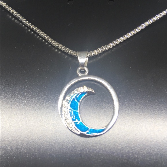 Ride The Waves W/ This Blue Opal With Crystal Lining The Wave Pendant Necklace - Picture 2 of 2